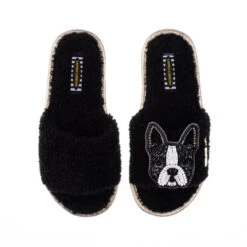 Teddy Towelling Slipper Sliders With Buddy The Boston Terrier Brooch