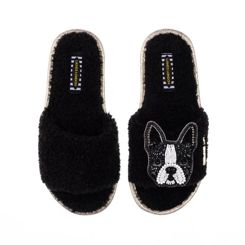 Teddy Towelling Slipper Sliders With Buddy The Boston Terrier Brooch