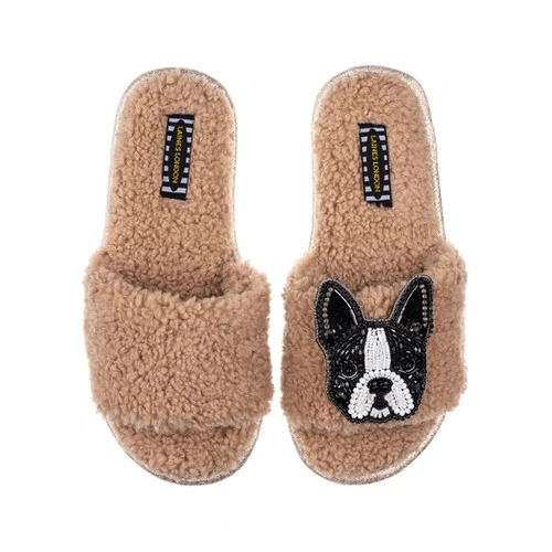 Teddy Towelling Slipper Sliders With Buddy The Boston Terrier Brooch - Image 2