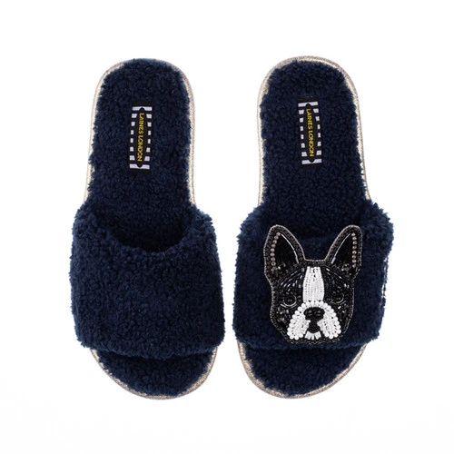 Teddy Towelling Slipper Sliders With Buddy The Boston Terrier Brooch - Image 3