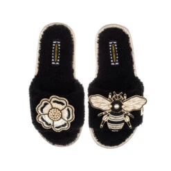 Teddy Towelling Slipper Sliders With Bee & Flower Brooches