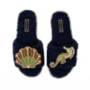 Teddy Towelling Slipper Sliders With Green & Gold Seahorse & Shell Brooches