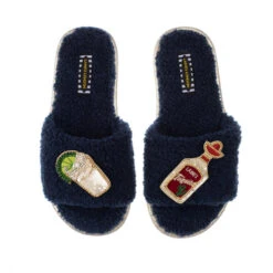 Teddy Towelling Slipper Sliders With Tequila Slammer Brooches