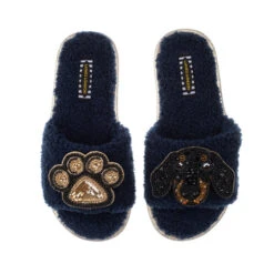 Teddy Towelling Slipper Sliders With Little Sausage & Paw Brooches