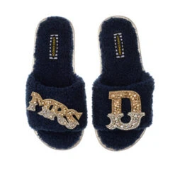 Teddy Towelling Slipper Sliders With Mrs & Initial Brooches