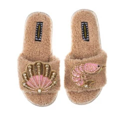 Teddy Towelling Slipper Sliders With Pink & Gold Prawn & Shell Brooches