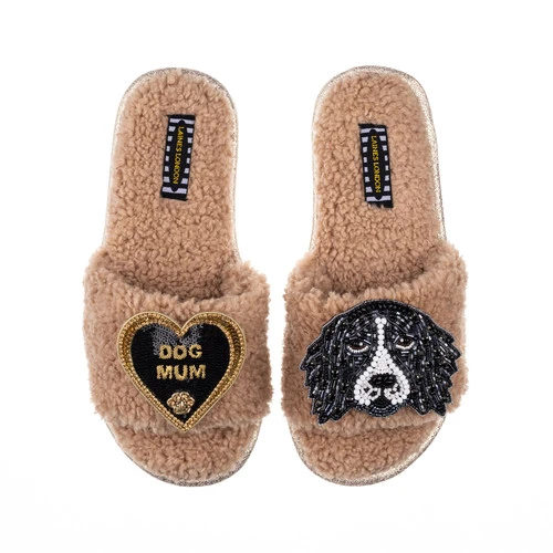 Teddy Towelling Slipper Sliders With Bentley & Dog Mum Brooches