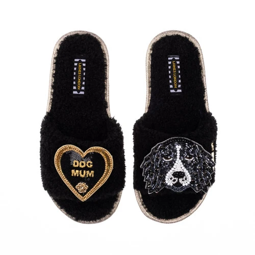 Teddy Towelling Slipper Sliders With Bentley & Dog Mum Brooches - Image 2