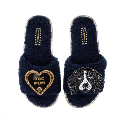 Teddy Towelling Slipper Sliders With Bentley & Dog Mum Brooches - Image 3