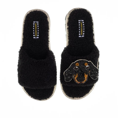 Teddy Towelling Slipper Sliders With Little Sausage Brooch