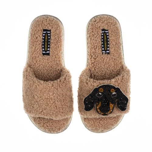 Teddy Towelling Slipper Sliders With Little Sausage Brooch - Image 2