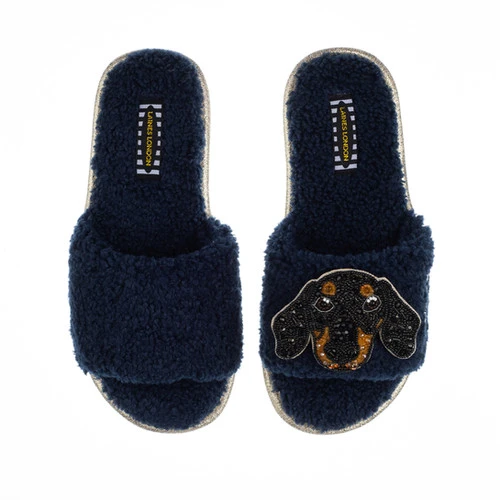 Teddy Towelling Slipper Sliders With Little Sausage Brooch - Image 3