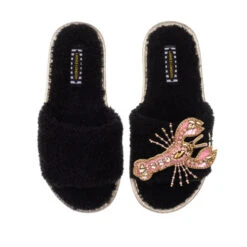 Teddy Towelling Slipper Sliders With Pink & Gold Lobster Brooch