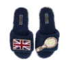 Teddy Towelling Slipper Sliders With Tennis & Union Jack Brooches
