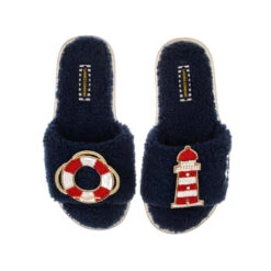 Teddy Towelling Slipper Sliders With Beach Ring & Lighthouse Brooches