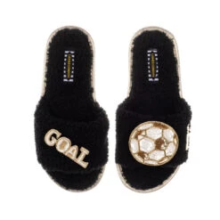 Teddy Towelling Slipper Sliders With Goal & Football Brooches