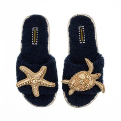 Teddy Towelling Slipper Sliders With Gold Turtle & Starfish Brooches