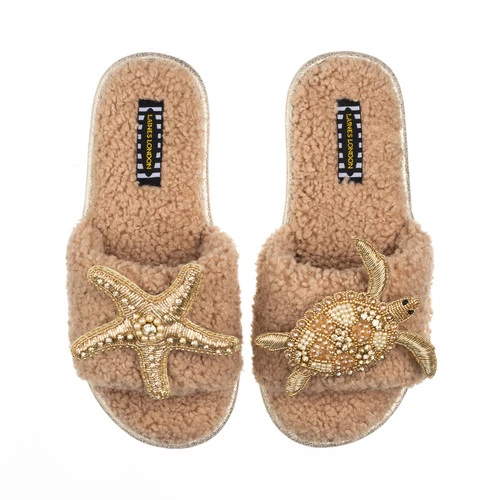 Teddy Towelling Slipper Sliders With Gold Turtle & Starfish Brooches - Image 2