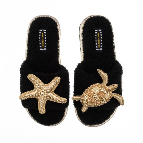 Teddy Towelling Slipper Sliders With Gold Turtle & Starfish Brooches - Image 3