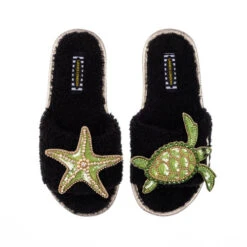 Teddy Towelling Slipper Sliders With Green & Gold Turtle & Starfish Brooches