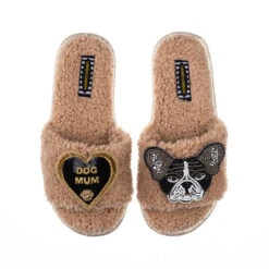 Teddy Towelling Slipper Sliders With Coco & Dog Mum Brooches