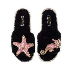 Teddy Towelling Slipper Sliders With Pink & Gold Seahorse & Starfish Brooches