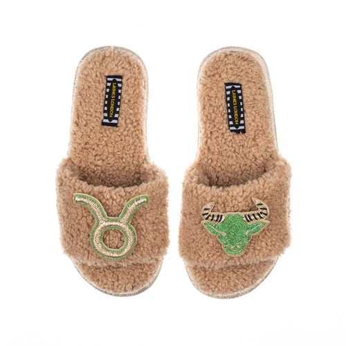 Teddy Towelling Slipper Sliders With Taurus Star Sign Brooches