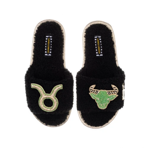 Teddy Towelling Slipper Sliders With Taurus Star Sign Brooches - Image 2
