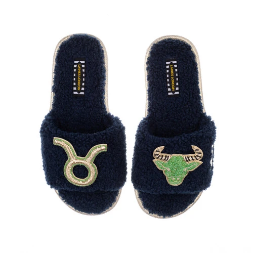 Teddy Towelling Slipper Sliders With Taurus Star Sign Brooches - Image 3