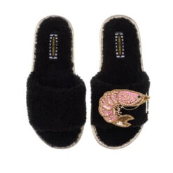 Teddy Towelling Slipper Sliders With Pink & Gold Prawn Brooch