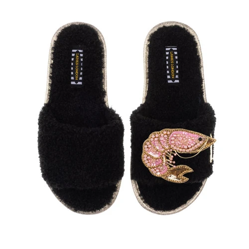Teddy Towelling Slipper Sliders With Pink & Gold Prawn Brooch