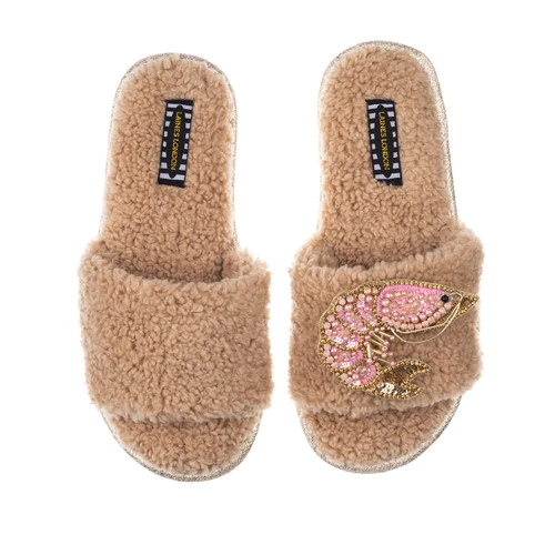 Teddy Towelling Slipper Sliders With Pink & Gold Prawn Brooch - Image 2