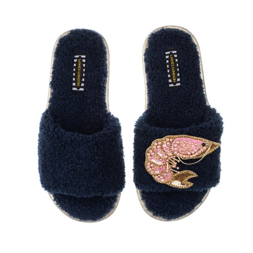 Teddy Towelling Slipper Sliders With Pink & Gold Prawn Brooch - Image 3