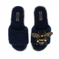 Teddy Towelling Slipper Sliders With Black & Gold Bee Brooch
