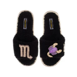 Teddy Towelling Slipper Sliders With Scorpio Star Sign Brooches