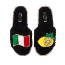 Teddy Towelling Slipper Sliders With The Amalfi Brooches