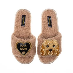 Teddy Towelling Slipper Sliders With Enki Doo & Dog Mum Brooches