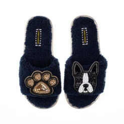 Teddy Towelling Slipper Sliders With Buddy & Paw Brooches