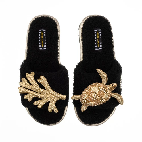 Teddy Towelling Slipper Sliders With Gold Turtle & Coral Brooches