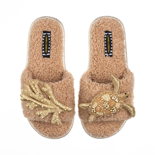 Teddy Towelling Slipper Sliders With Gold Turtle & Coral Brooches - Image 2