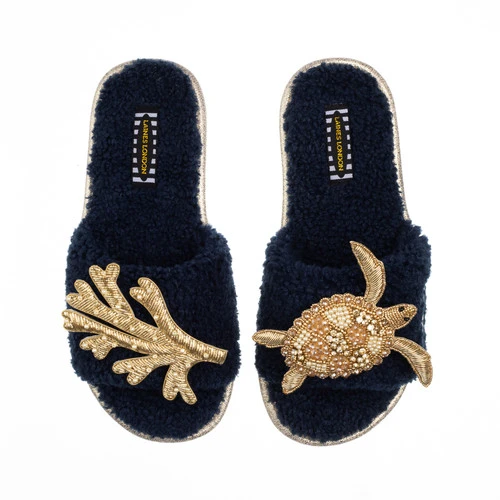 Teddy Towelling Slipper Sliders With Gold Turtle & Coral Brooches - Image 3