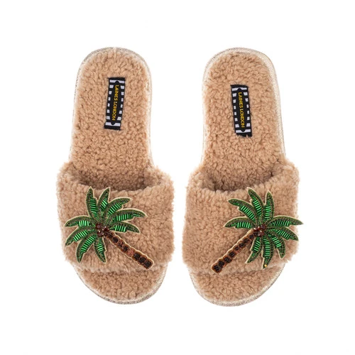Teddy Towelling Slipper Sliders With Palm Tree Brooches
