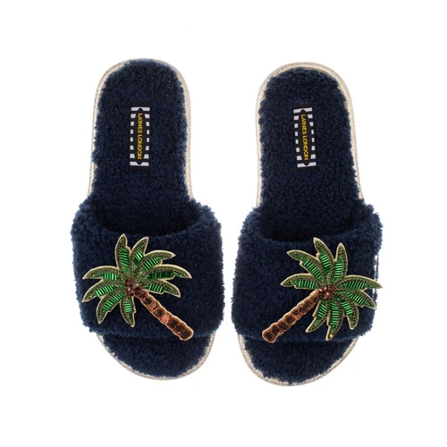 Teddy Towelling Slipper Sliders With Palm Tree Brooches - Image 2