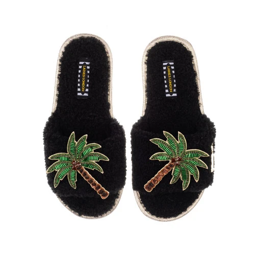 Teddy Towelling Slipper Sliders With Palm Tree Brooches - Image 3