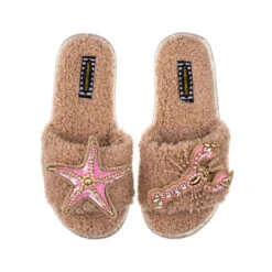 Teddy Towelling Slipper Sliders With Pink & Gold Lobster & Starfish Brooches