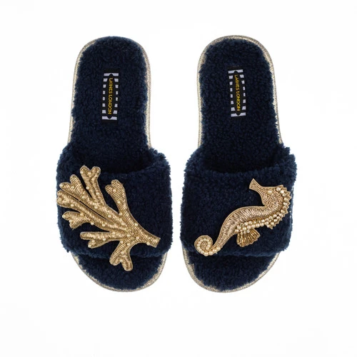 Teddy Towelling Slipper Sliders With Gold Seahorse & Coral Brooches - Image 2