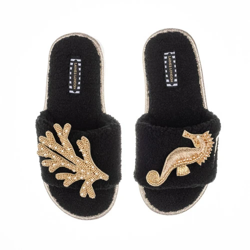 Teddy Towelling Slipper Sliders With Gold Seahorse & Coral Brooches - Image 3