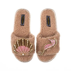Teddy Towelling Slipper Sliders With Pink & Gold Seahorse & Shell Brooches