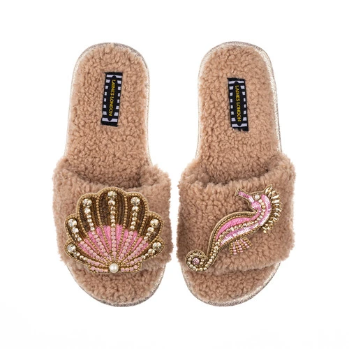 Teddy Towelling Slipper Sliders With Pink & Gold Seahorse & Shell Brooches