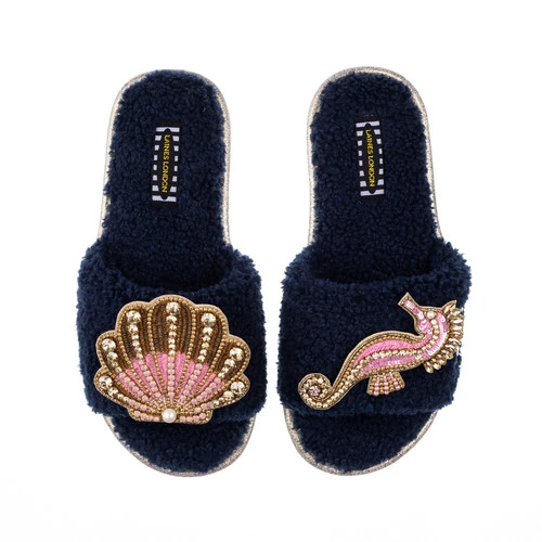 Teddy Towelling Slipper Sliders With Pink & Gold Seahorse & Shell Brooches - Image 2
